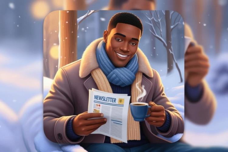 a man sipping coffee and reading the newsletter in a winter scene