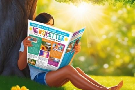 person reading a newsletter next to a tree on a nice summer day